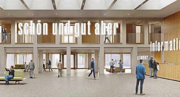 Zwischen Richtung und Reflexion: Im neuen Stadthaus sollen LED-Buchstaben nicht nur Orientierung („Trauzimmer“, „Information“) bieten, sondern zum Nachdenken („schön und gut aber“) anregen. Visualisierung: Büro uebele visuelle kommunikation