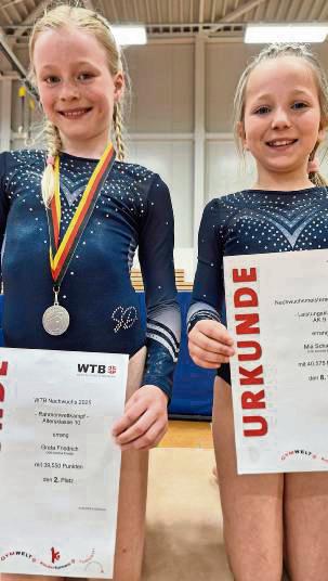 Eine gute Vorstellung zeigten Greta Friedrich (l.) und Mia Schieven (r.) von der DJK Arminia Erwitte bei den westfälischen Meisterschaften im Geräteturnen.