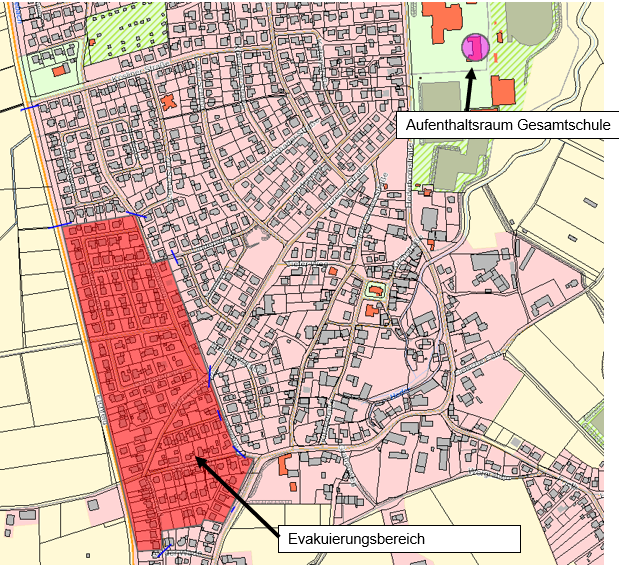 Der rot gekennzeichnete Bereich ist zu evakuieren. Anwohner können in der Gesamtschule unterkommen. 