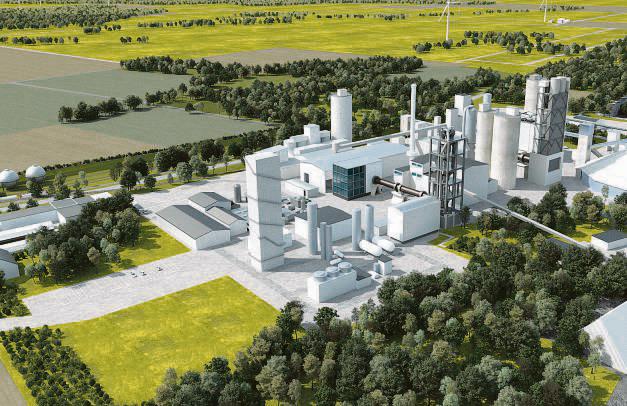 Die Grafik von Heidelberg Materials zeigt den Umbau des Zementwerks Milke: Links die geplante Gasreinigung, in der Mitte der neue Drehrohrofen mit Leitstand.