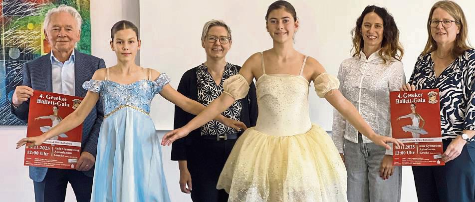 Die beiden Ballerinen Lea und Emilia sind schon aufs Highlight des neuen Programms vorbereitet: die Ballett-Gala. Mit ihnen stellten das Programm vor: Peter Plonka (K&K), Eva Kirchner (Sparkasse) Lena Massimo (Ballettlehrerin) und Anja Schwarzer (Leiterin Papageno).