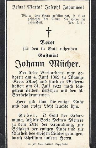 Zwei Totenzettel aus dem Jahre 1923: Gastwirt Johann Mücher betrieb eine Gaststätte auf dem Schäferkamp. Carl Koch war ein Vorfahre von Karl-Heinz Koch aus Bad Westernkotten, dem Gründer des Jugendwerks Rietberg.