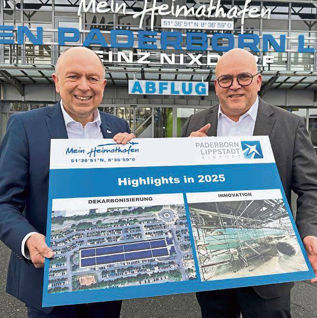 711434 Passagiere hat der Flughafen Paderborn/ Lippstadt 2025 gezählt. Der Flughafen sei allerdings auch ein wertvoller Standort-Faktor für die ganze Region, sagen Aufsichtsratsvorsitzender Christoph Rüther (l.) und Flughafen-Chef Roland Hüser. Foto: Carolin Cegelski