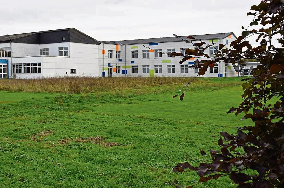 Auf der aktuell noch leeren Wiese hinter der bestehenden Sekundarschule soll der Neubau erfolgen. Wann? Das hängt von der Vergabe der Fördermittel ab. Foto: Daniel Kossack