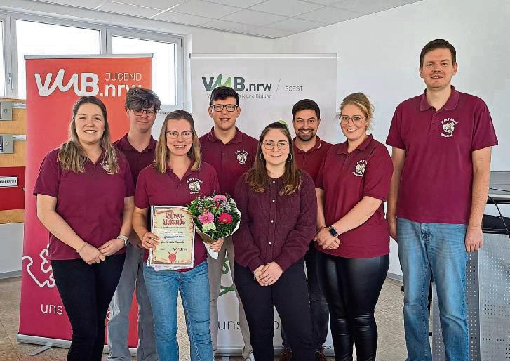 Der Vorstand der Kreismusikjugend Soest (von links): Laura Wiek, Nico Struchholtz, Britta Ruholl (ehemalige Geschäftsführerin), Torben Bartsch, Antonia Kloeppner, Timo Dünschede, Madeleine Wicker und Christoph Kukuk. Foto: Kreismusikjugend