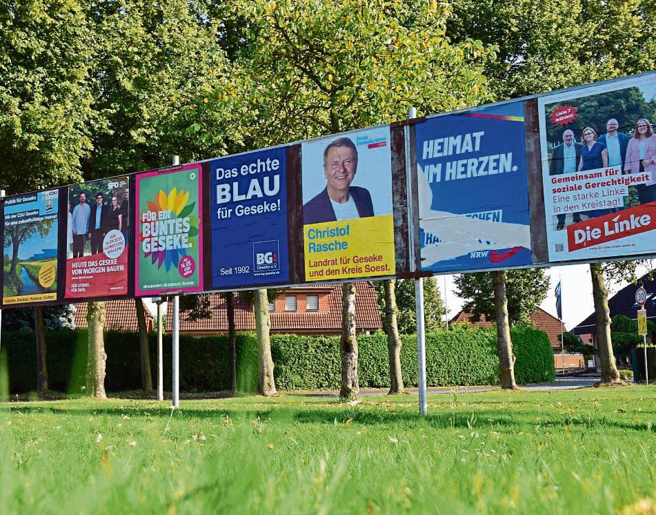 Wahlwerbung prägt derzeit das Geseker Stadtbild – am 14. September treten 139 Kandidatinnen und Kandidaten aus sieben Parteien zur Kommunalwahl an. Foto: Kossack