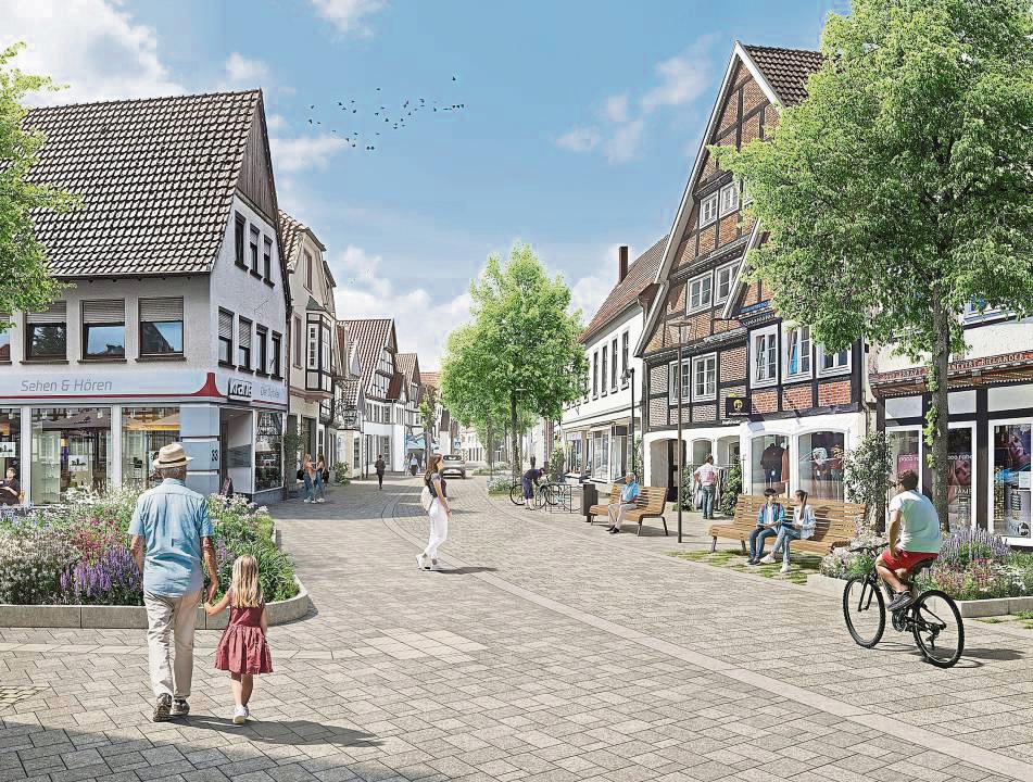 So soll es einmal werden: Mit Blick vom Historischen Rathaus in Richtung Süden sind die ebenerdige Pflasterung, die bequemen Sitzbänke und zusätzliches Grün in der Rathausstraße zu erkennen. Grafik: RMP Stephan Lenzen Landschaftsarchitekten