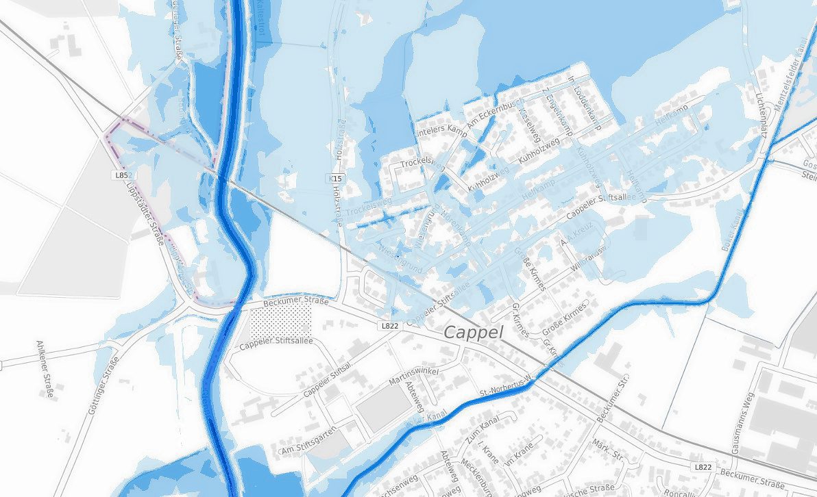 Die hellblau eingefärbten Bereiche nördlich der Beckumer Straße zeigen an, wohin sich bei einer Deichüberflutung das Wasser der Glenne bewegen würde. Quelle: www.elwasweb.nrw.de