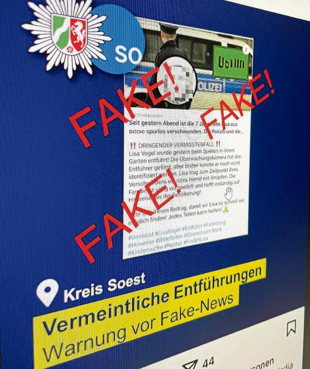 Unter anderem auf ihrem Instagram-Kanal warnt die Kreispolizei Soest vor den falschen Nachrichten über Kindesentführungen. Foto: Winkelmann