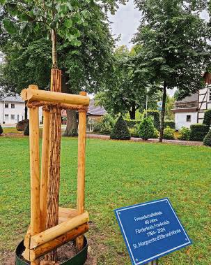 Als Zeichen der 40-jährigen Freundschaft wurde eine Linde auf dem Kirchvorplatz gepflanzt und mit einem Hinweisschild versehen.