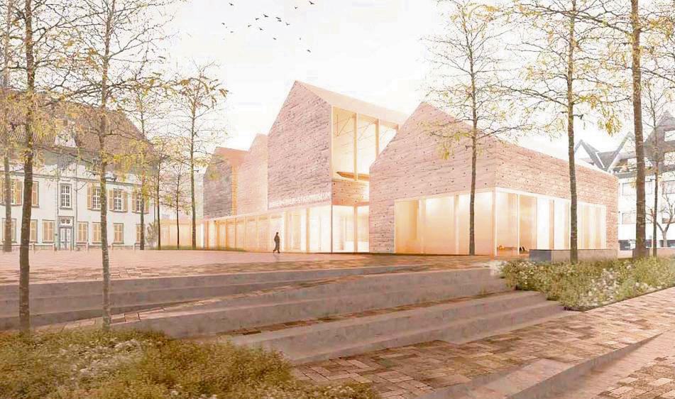 So stellt sich das Stuttgarter Architekturbüro Studio-MRA das „Bürger Forum Stadtmuseum“ in Lippstadt vor. An dem Entwurf mitgearbeitet haben die Greenbox Landschaftsarchitekten aus Köln.