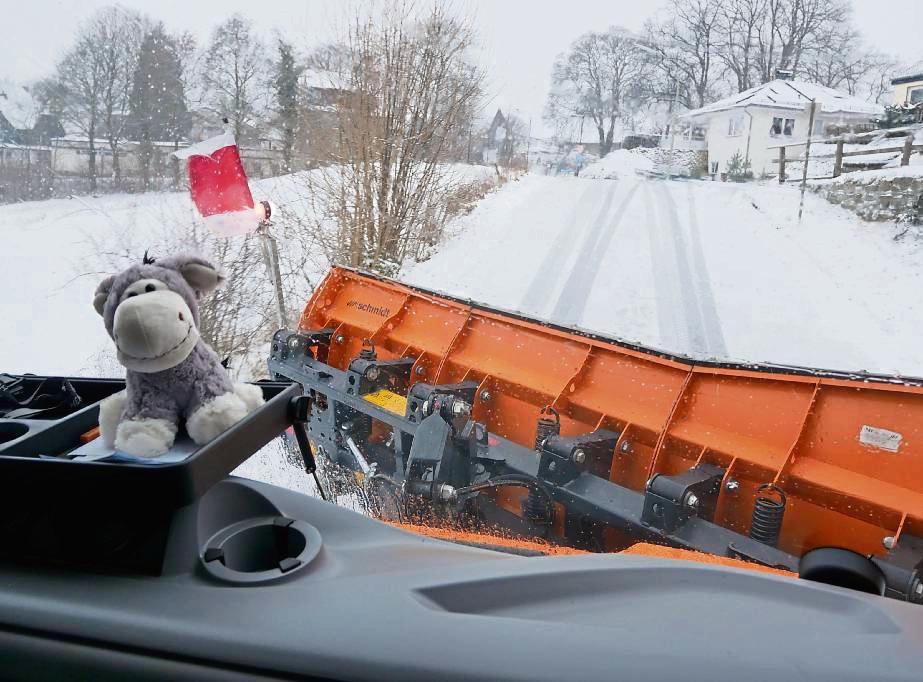 Bei den Einsätzen im Winterdienst darf der Esel als Maskottchen nicht fehlen. Hier sitzt er im Führerhaus des Streufahrzeugs. Foto: Bsdurek