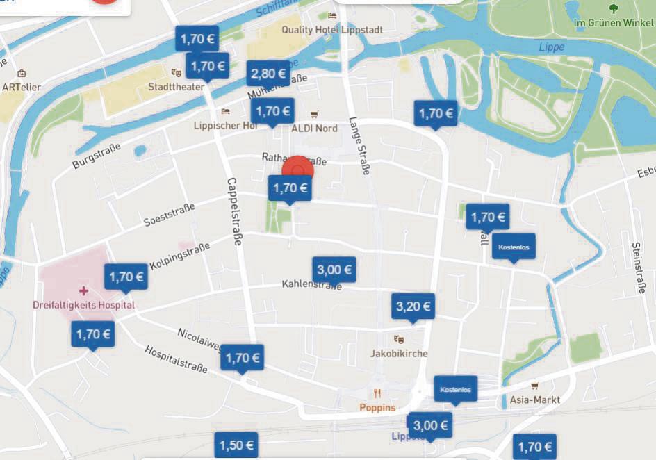 Gut und günstig: Auf den städtischen Parkplätzen im Herzen der Lippstädter City zahlt man 1,70 Euro für zwei Stunden. Die Tarife in den Parkhäusern sind hoher (zwischen 2,80 Euro und 3,20 Euro). Grafik: parkopedia.com