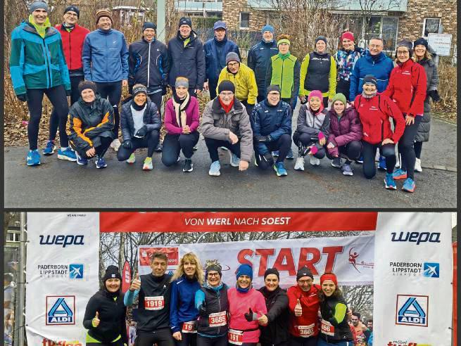 Gut gelaunte und erfolgreiche Teilnehmer des „Silvesterlaufs Daheim“ in Bad Westernkotten (oberes Bild) und des Silvesterlaufs Werl-Soest (unten).