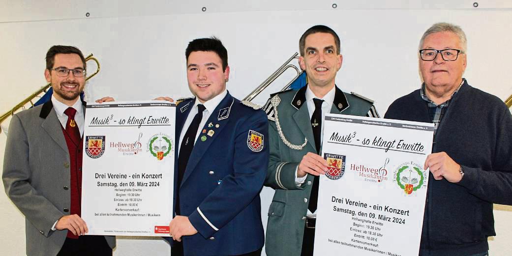 Wollen gemeinschaftlich im März in der Hellweghalle auftreten: (v.l.) Tobias Dahm (Hellwegmusikanten), Tim Mertes (Fanfarenzug), Franz-Josef Bergkemper (Tambourcorps Erwitte) und Erhard Geweiler (Förderverein). Foto: S. Dietz