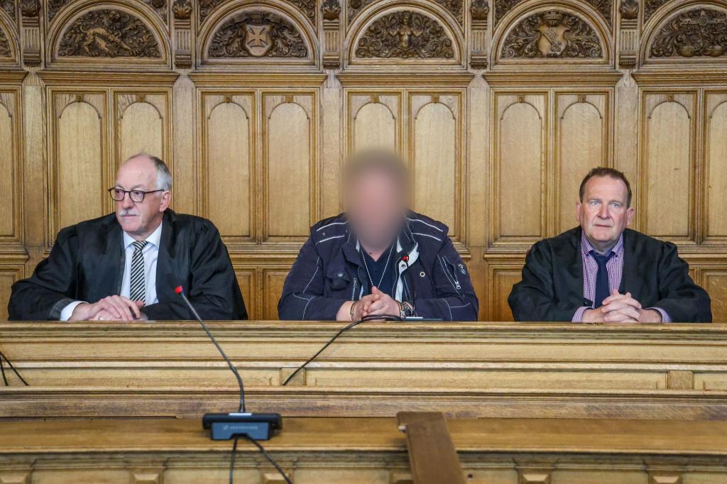 Der Angeklagte (M) sitzt vor der Urteilsverkündung im Prozess wegen Mordes im Landgericht Bremen zwischen seinen Verteidigern. - Foto: Focke Strangmann/dpa