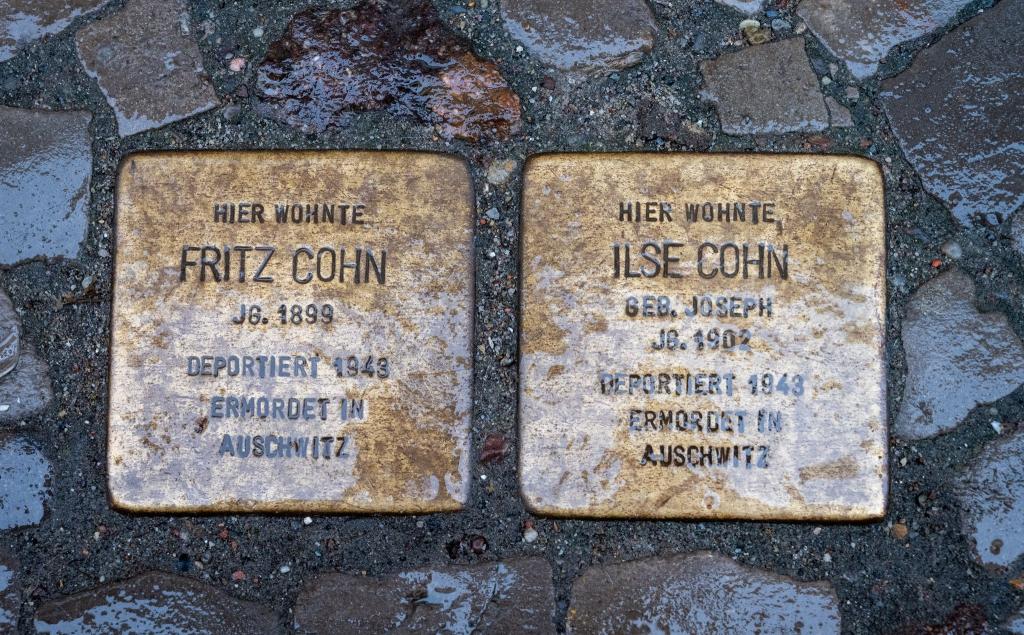 Stolpersteine mit den Namen Fritz Cohn und Ilse Cohn, verlegt in Stralsund. - Foto: Stefan Sauer/dpa