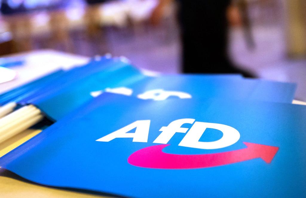 Fähnchen mit dem Logo der AfD liegen beim Landesparteitag der AfD Bayern auf einem Tisch. - Foto: Daniel Karmann/dpa