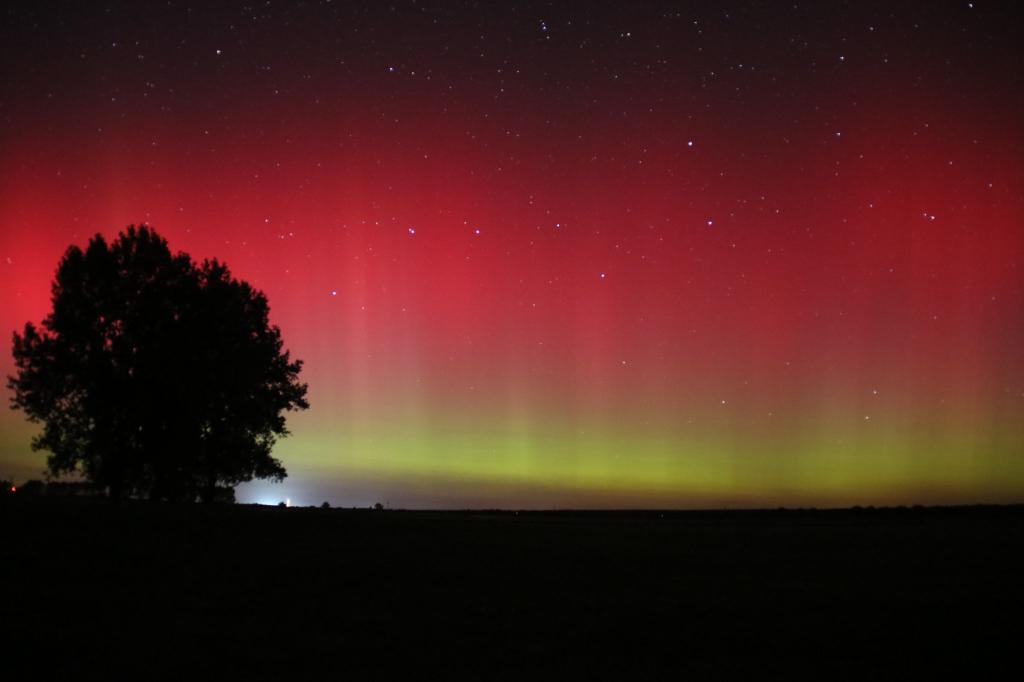 Polarlichter erstrahlen am Himmel über Fischbeck in Sachsen-Anhalt. - Foto: Cevin Dettlaff/dpa