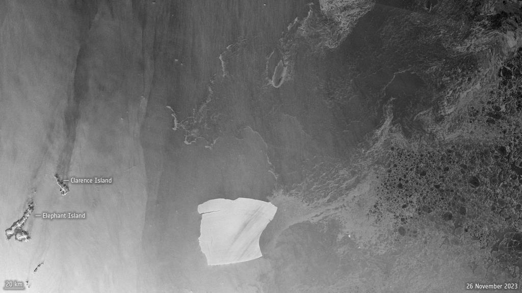 Der als A23a bekannte Eisberg bewegt sich vergleichsweise schnell von den antarktischen Gewässern weg, wie Satellitenaufnahmen zeigen. - Foto: contains modified Copernicus Sentinel data (2023), processed by ESA/dpa