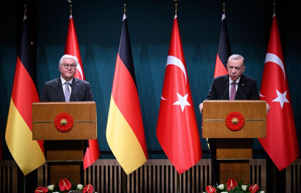 Bundespräsident Frank-Walter Steinmeier (l) und der türkische Präsident Recep Tayyip Erdogan äußern sich bei einer Pressekonferenz nach ihrem Gespräch im Präsidialpalast. - Foto: Bernd von Jutrczenka/dpa
