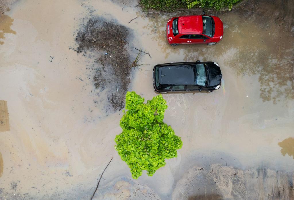 Autos stehen auf einem überschwemmten Parkplatz in Frankfurt am Main. - Foto: Boris Roessler/dpa