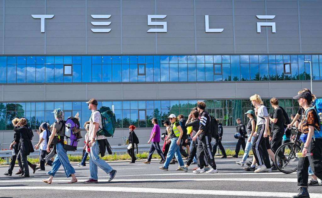 Teilnehmer einer Protestveranstaltung gehen zum Werk von Tesla in Grünheide in Brandenburg. - Foto: Patrick Pleul/dpa