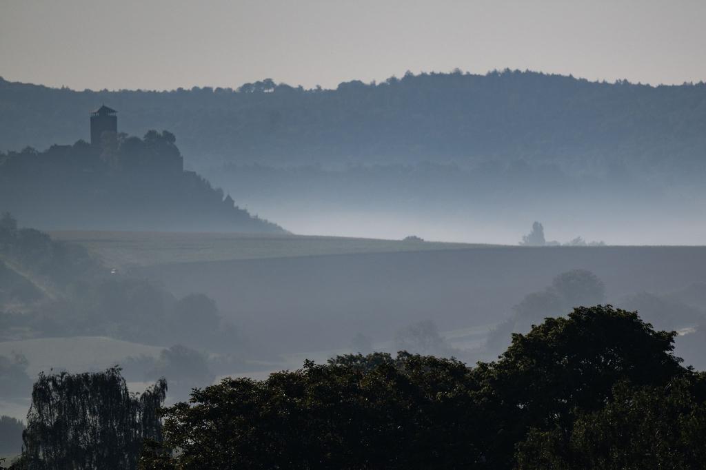 Idyllischer Anblick am Morgen: Die Burgfalknerei Hohenbeilstein ist noch vom Nebel umgeben und es entsteht eine mystische Stimmung. - Foto: Marijan Murat/dpa