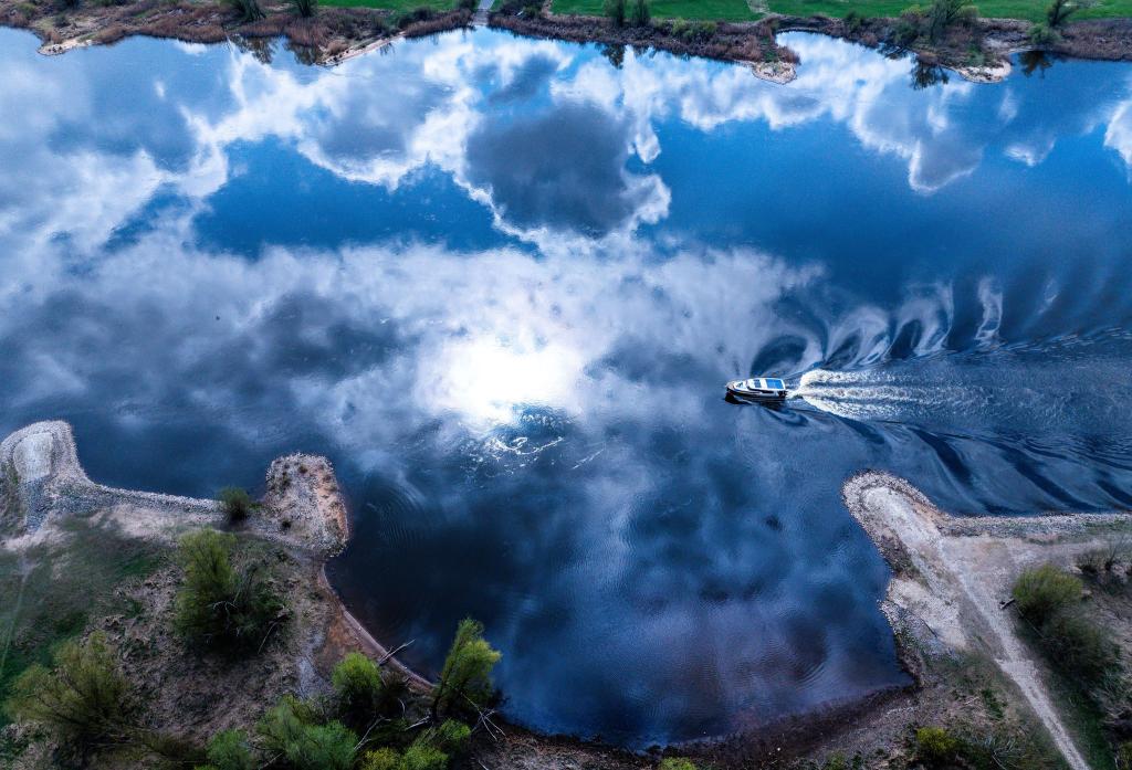 Ein Motorboot fährt über die Elbe in deren Wasseroberfläche sich die Wolken spiegeln. - Foto: Jens Büttner/dpa