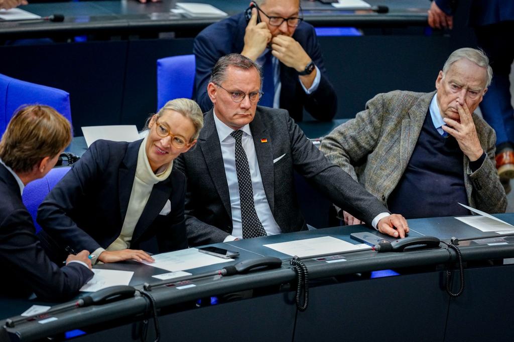 Die AfD-Chefs Alice Weidel und Tino Chrupalla nehmen zum 80. Jahrestag des Kriegsendes an einer Gedenkstunde im Bundestag teil. Am selben Tag kommt die Nachricht , dass der Verfassungsschutz vorläufig seine Einstufung der AfD als «gesichert rechtsextremistisch» auf Eis legt. - Foto: Kay Nietfeld/dpa