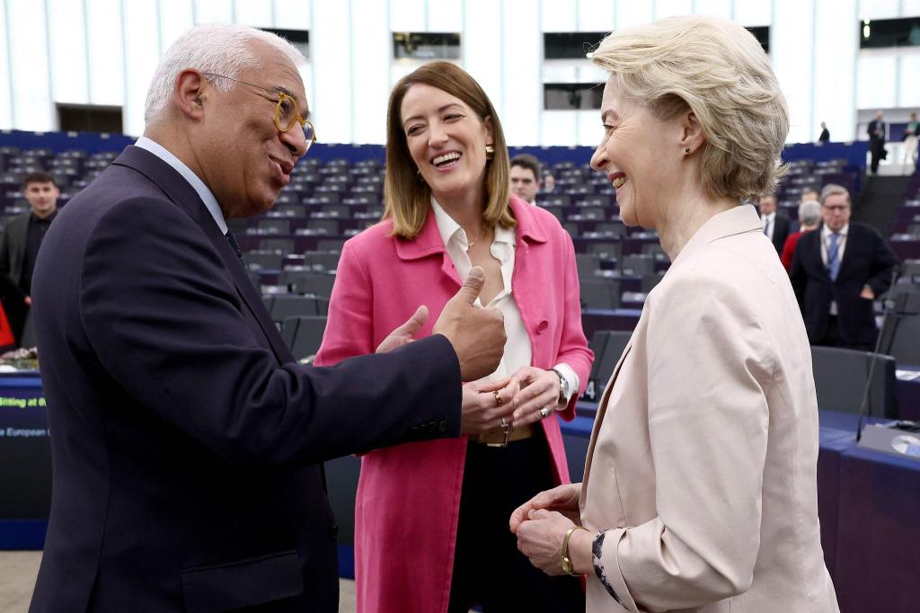 Zu dritt 200 Kilometer im Charter-Jet: Costa, Metsola und von der Leyen. - Foto: Frederick Florin/AFP/dpa