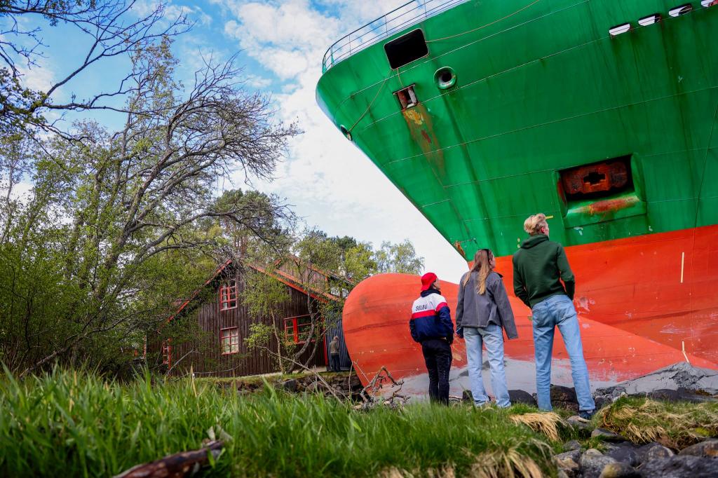 Das war knapp: Ein Containerschiff ist in einem norwegischen Fjord kurz vor einem Haus am Wasser zum Stehen gekommen. - Foto: Jan Langhaug/NTB/dpa
