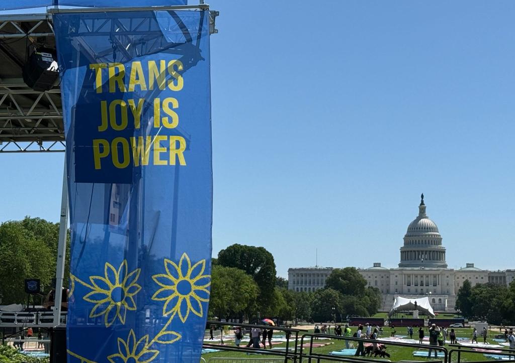 „Trans joy is power“ steht auf einem Banner an einer Bühne vor dem Kapitol am ersten Tag der Worldpride. - Foto: Franziska Spiecker/dpa