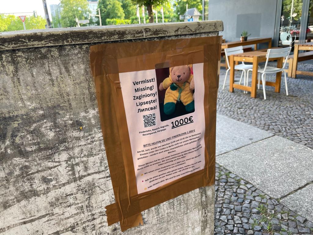 Neben den Plakaten auf Deutsch bittet auch ein eigener Webauftritt auf Englisch, Polnisch, Rumänisch und Bulgarisch um Hinweise zu dem gestohlenen Plüschtier. - Foto: Christof Bock/dpa