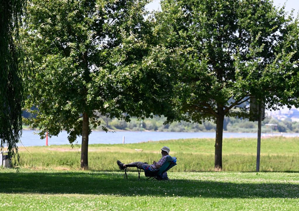 Ein Mann hat sich ein schattiges Plätzchen am Ufer des Rheins in Leverkusen gesucht. (Archivbild) - Foto: Roberto Pfeil/dpa