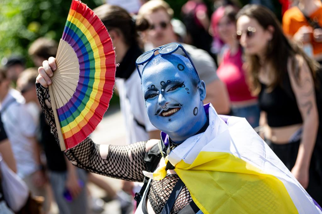 Regenbogenfarben ist der Fächer eines Teilnehmers bei der Marzahn Pride im Stadtteil Marzahn in Berlin. - Foto: Fabian Sommer/dpa