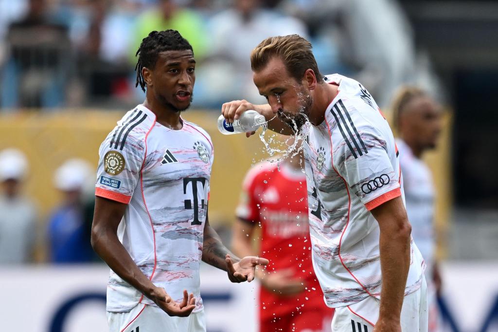 Trinken, trinken, trinken: Harry Kane nutzt eine Spielpause. - Foto: Sven Hoppe/dpa