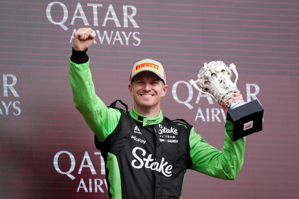 Formel 1 in Silverstone: Nico Hülkenberg jubelt erstmals auf dem Podium - Foto: Bradley Collyer/PA Wire/dpa
