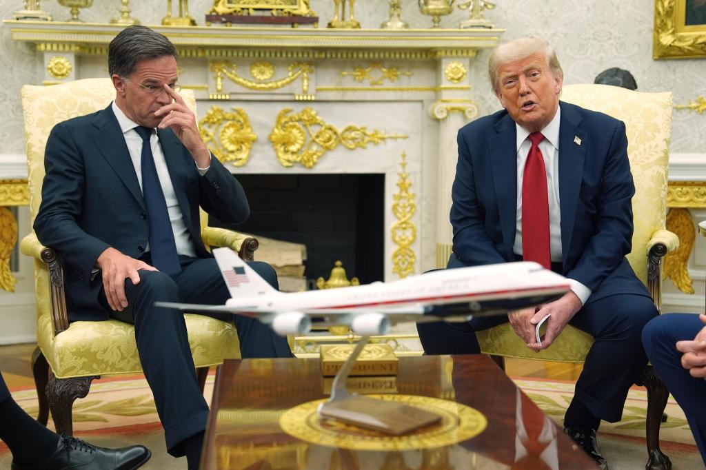 US-Präsident Trump droht russischen Handelspartnern mit 100-Prozent-Zöllen bei einem Treffen mit Nato-Generalsekretär Rutte. - Foto: Evan Vucci/AP/dpa