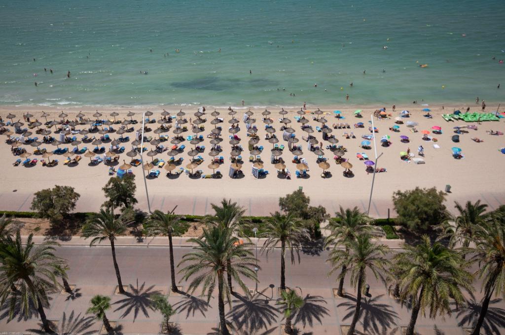 Badegäste am Strand von Arenal auf Mallorca an einem warmen Sommertag. - Foto: Clara Margais/dpa