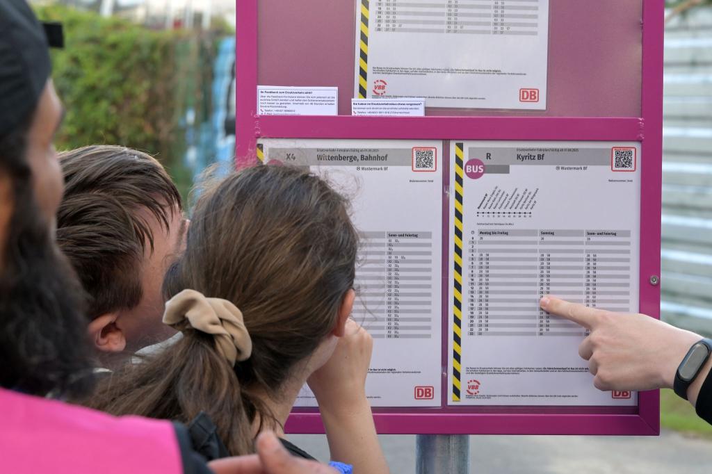 Fahrgäste informieren sich über die Abfahrtszeiten der Ersatzbusse. - Foto: Michael Bahlo/dpa