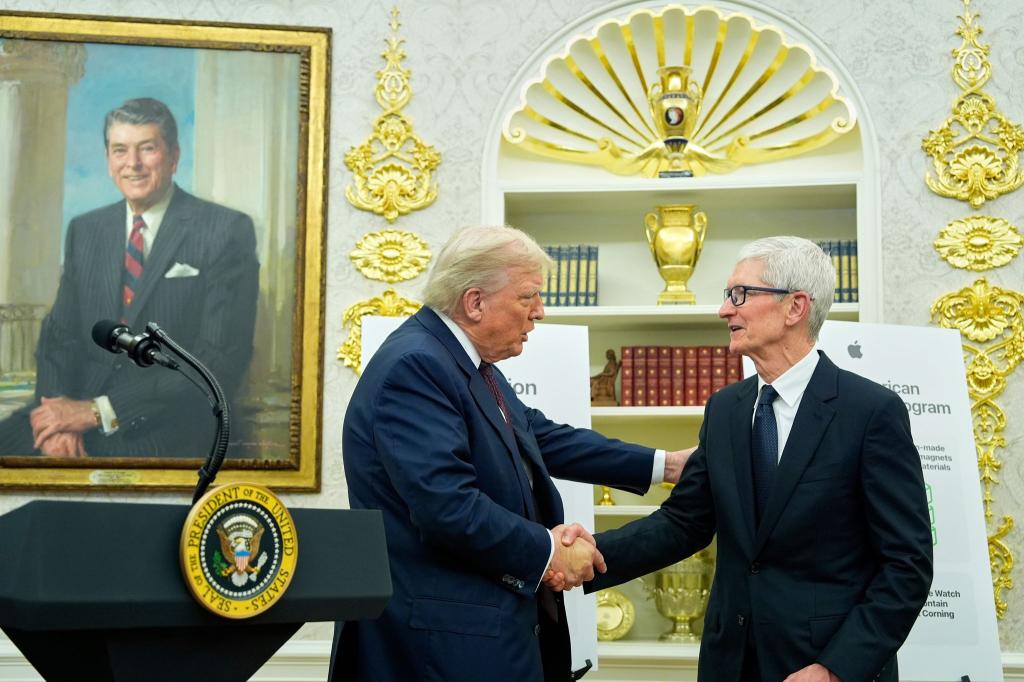 Apple-Chef Tim Cook brachte zusätzliche Investitionen von 100 Milliarden Dollar mit - und kann sich über eine Befreiung von Zöllen freuen. (Archivbild) - Foto: Alex Brandon/AP/dpa