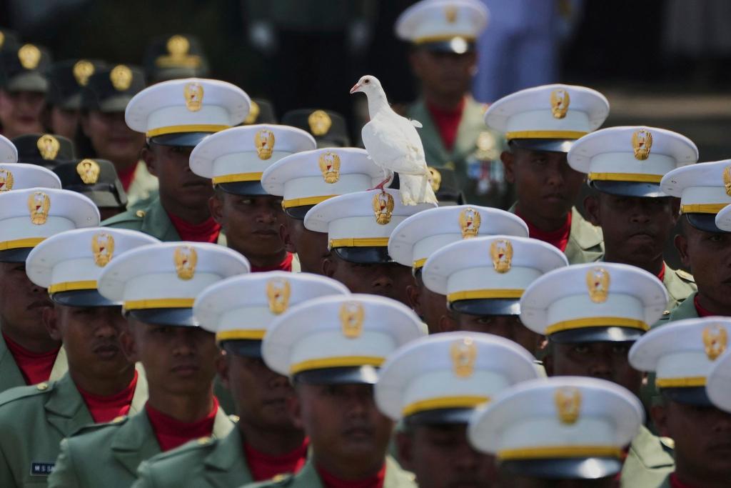 Taube landet auf Soldatenhut bei Indonesiens Unabhängigkeitsfeier - Foto: Achmad Ibrahim/AP/dpa
