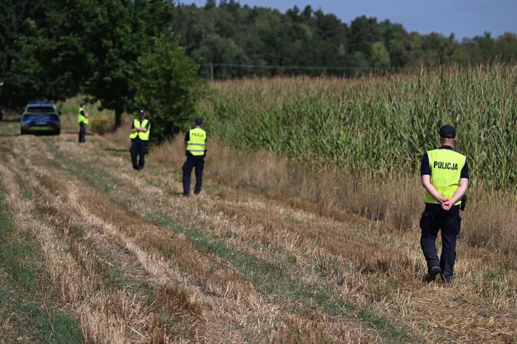 Polnische Polizisten sichern das Gebiet eines Maisfeldes in Osiny in Ostpolen, in das ein unbekanntes Flugobjekt gestürzt ist. (Foto aktuell) - Foto: Wojtek Jargilo/PAP/dpa