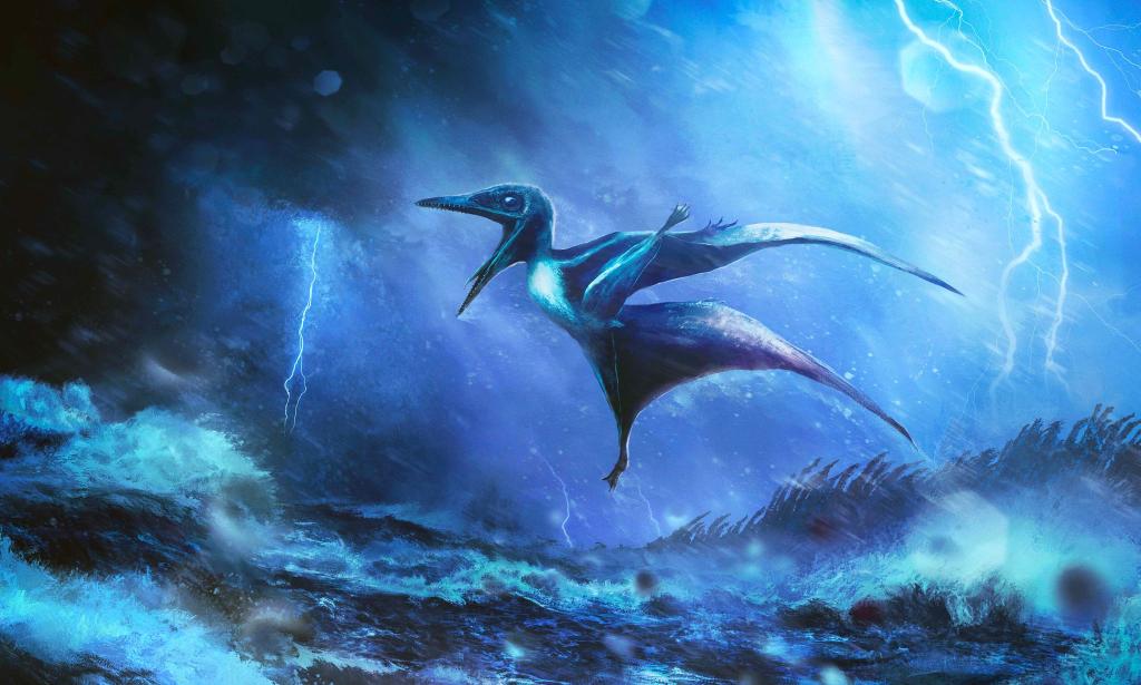Starke Windböe brechen die zarten Knochen: Künstlerische Darstellung eines kleinen Pterodactylus-Babys in einem Tropengewitter. - Foto: Rudolf Hima/EurekAlert/dpa