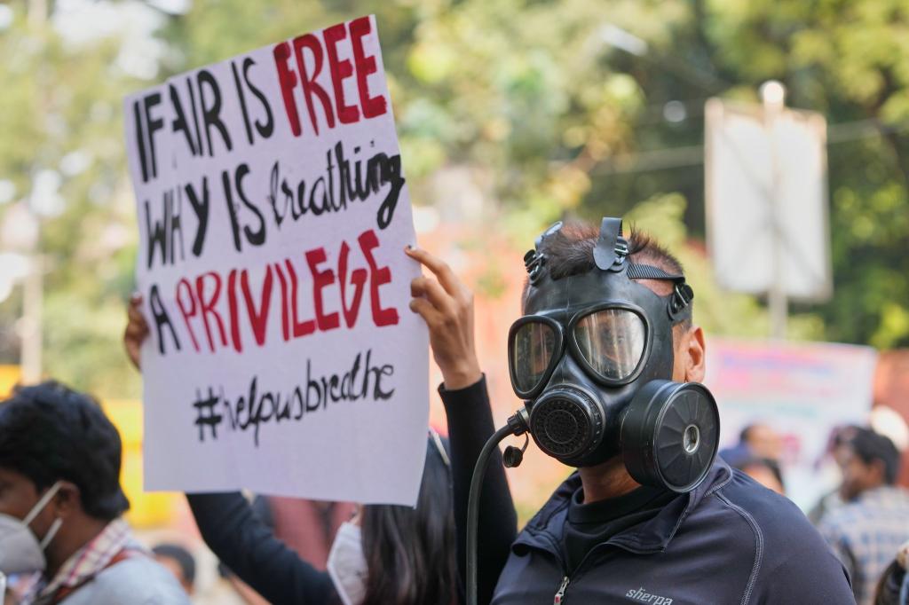 Nur mit Gasmaske: In Neu-Delhi in Indien wird demonstriert, weil die Regierung zu wenig gegen die Luftverschmutzung tut. - Foto: Manish Swarup/AP/dpa