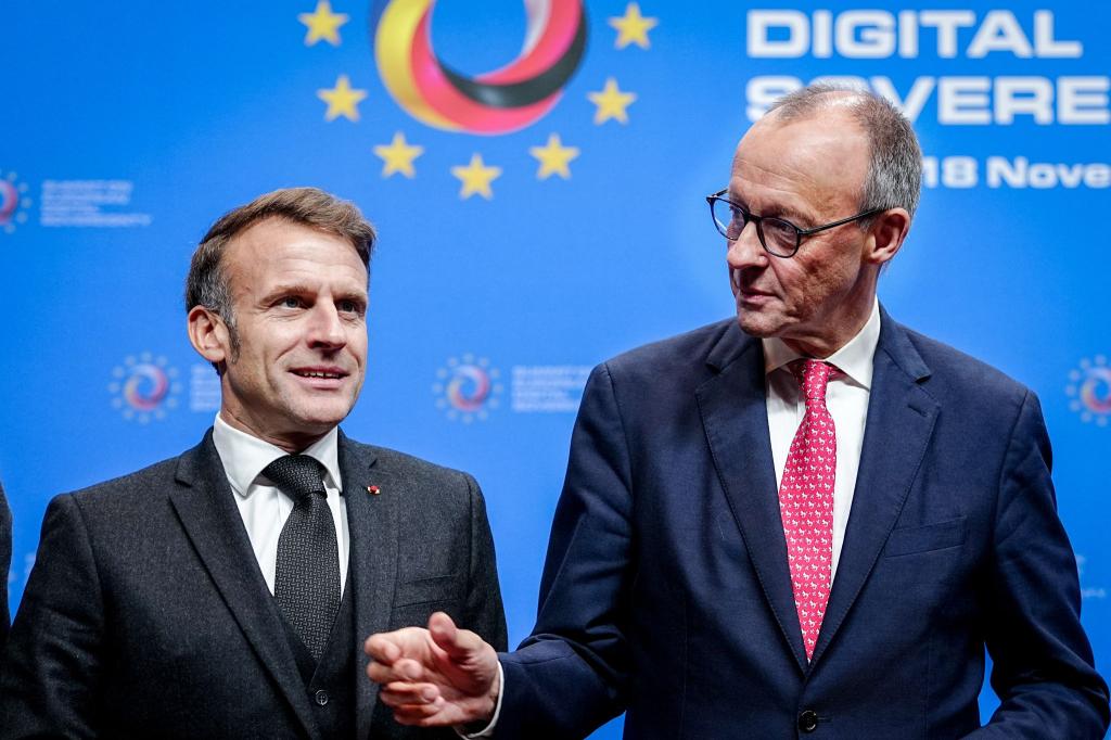 «Buy european»: Macron und Merz wollen sich dafür einsetzen, dass in der Beschaffung von Technologie mehr auf europäische Produkte gesetzt wird. - Foto: Kay Nietfeld/dpa