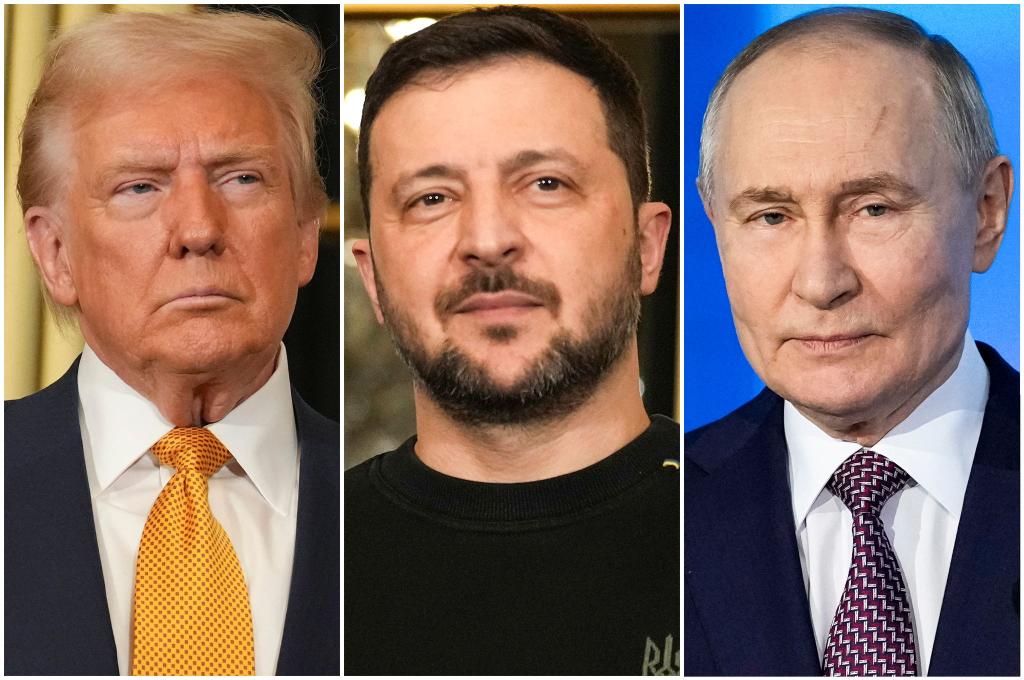 Die drei Präsidenten Trump, Selenskyj und Putin (von links) verhandeln über eine Lösung im Ukraine-Krieg. (Archivbild) - Foto: Morissard/Bednyakov/AP/dpa