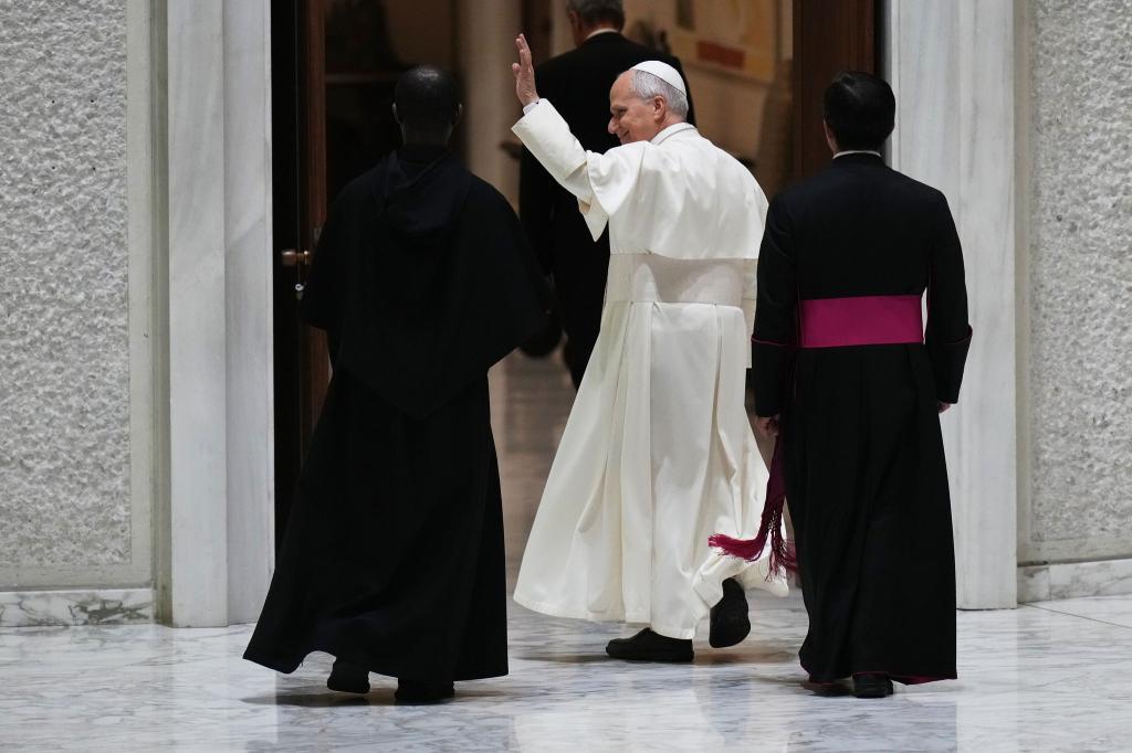 Papst Leo XIV. (M) verlässt nach einer Audienz mit den Spendern des Weihnachtsbaums und der Weihnachtskrippe, die auf dem Petersplatz aufgestellt wurden, die Halle Paul VI. im Vatikan. - Foto: Alessandra Tarantino/AP/dpa