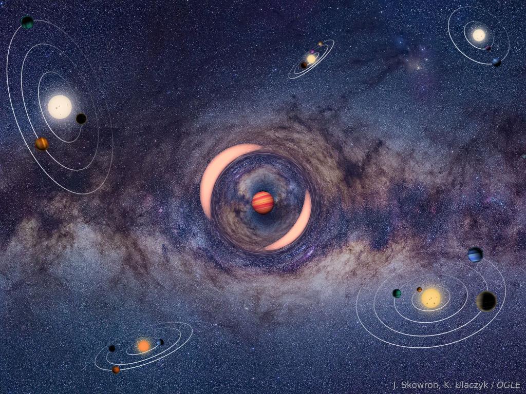 Die Illustration zeigt einen frei schwebenden Planeten, der das Licht eines dahinter liegenden Sterns ablenkt - ähnlich wie bei einem Brennglas. - Foto: J. Skowron/K. Ulaczyk/OGLE/dpa